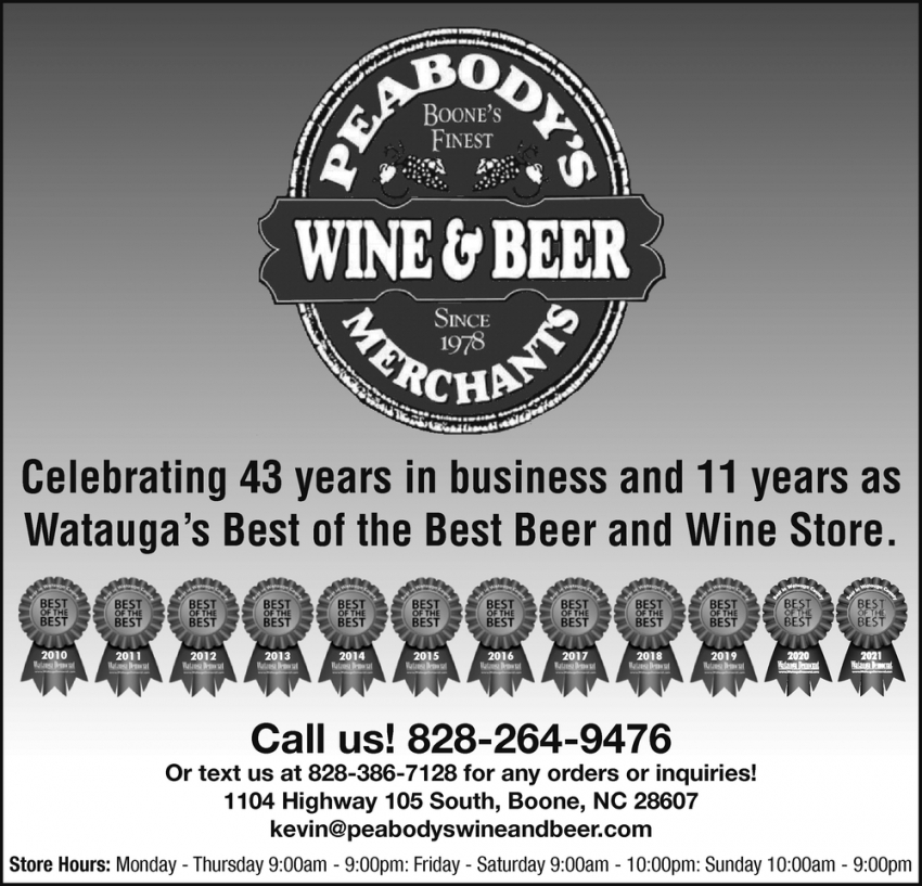 Celebrating 42 Years in Business and 10 Years as Watauga's Best of the Best Beer and Wine Store