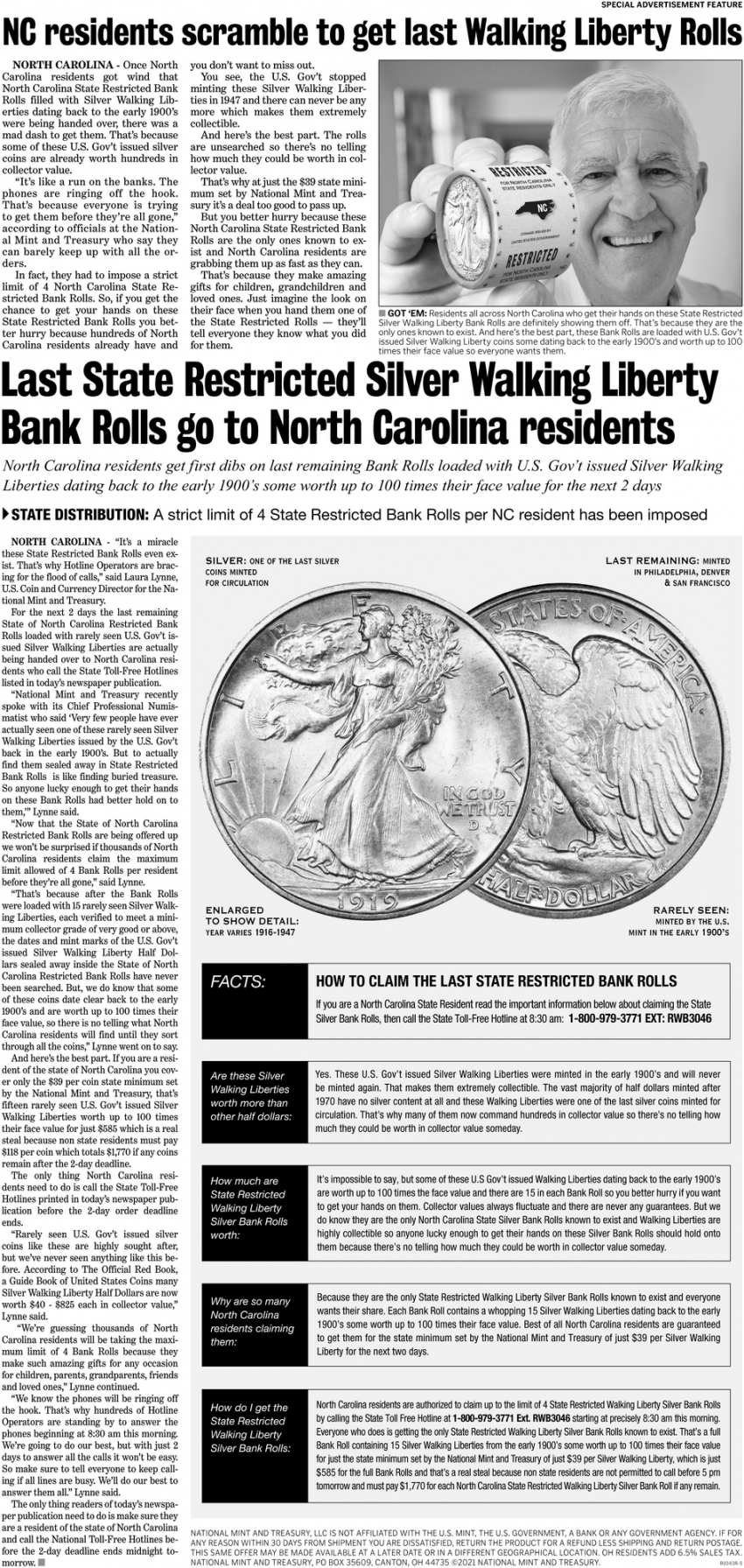 Last State Restricted Silver Walking Liberty Bank Rolls Go To North Carolina Residents