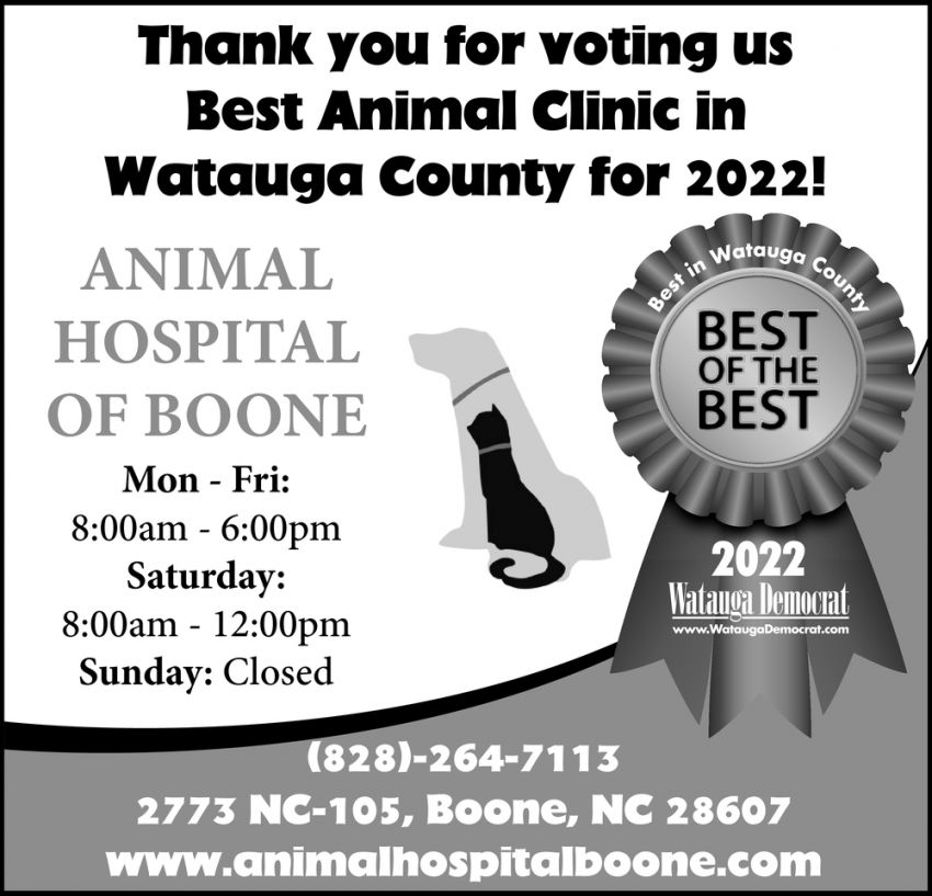 Thank You for Voting Us Best Animal Clinic In Watauga County For 2022!