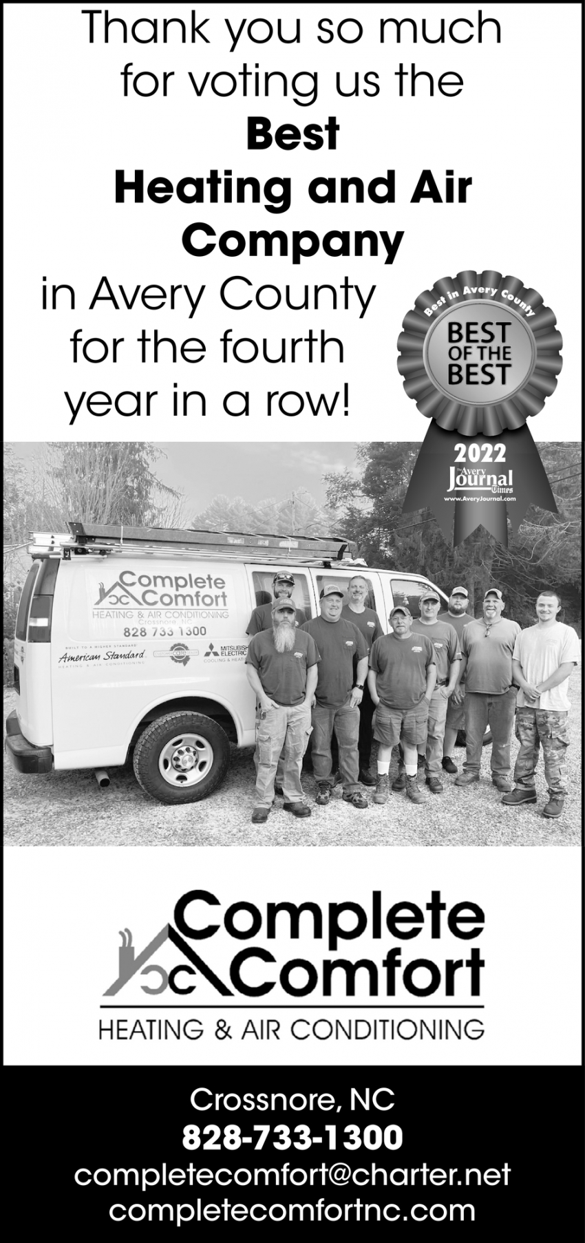 Thank You for Voting Us Best Heating & Air Company in Avery County!