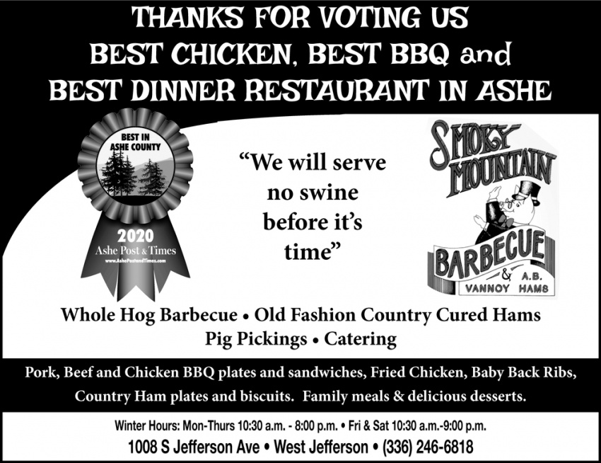 Thanks for Voting Us Best Chicken, Best BBQ and Best Dinner Restaurant in Ashe