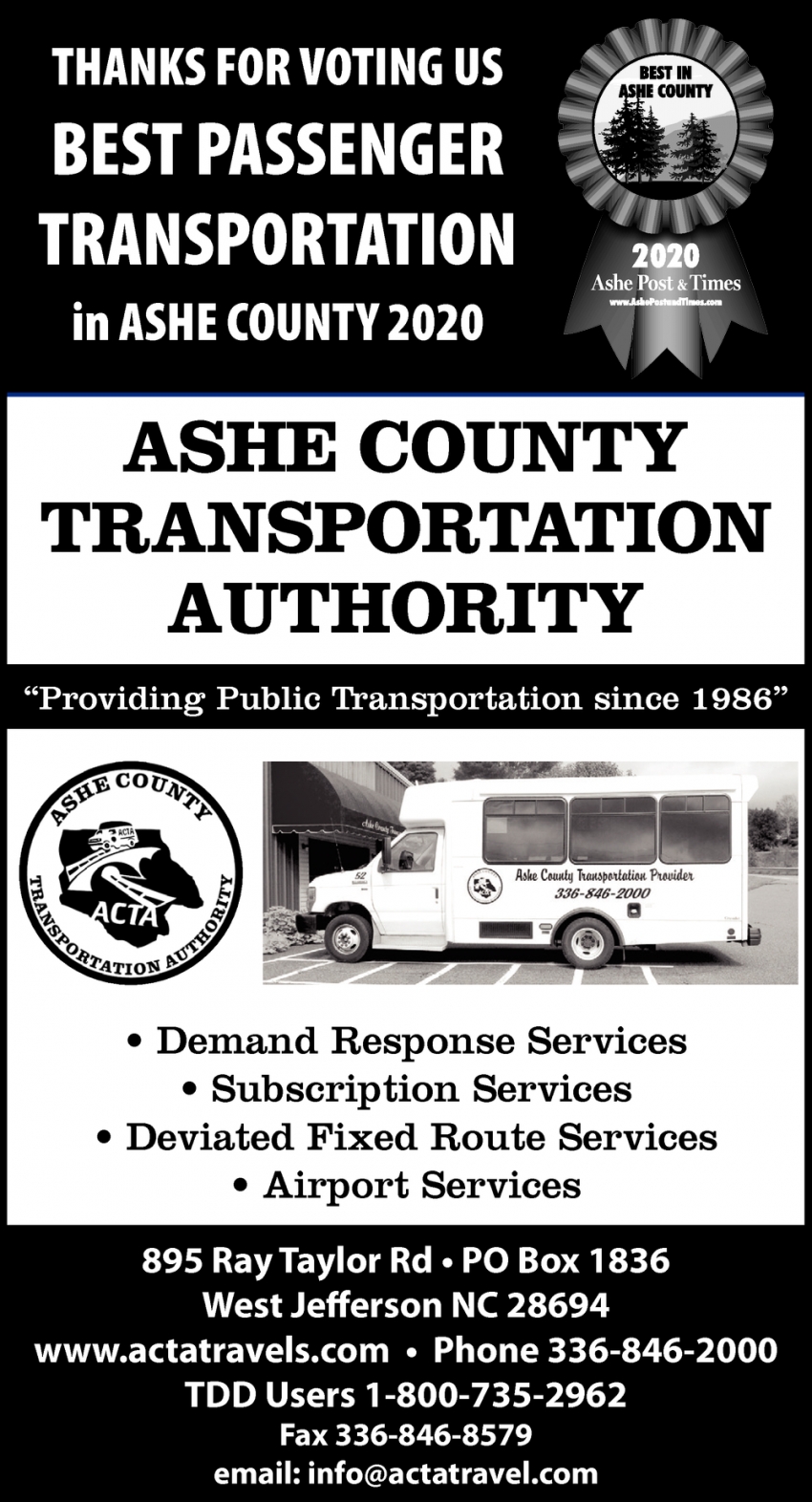 Thanks for Voting Us Best Passenger Transportation in Ashe County 2020