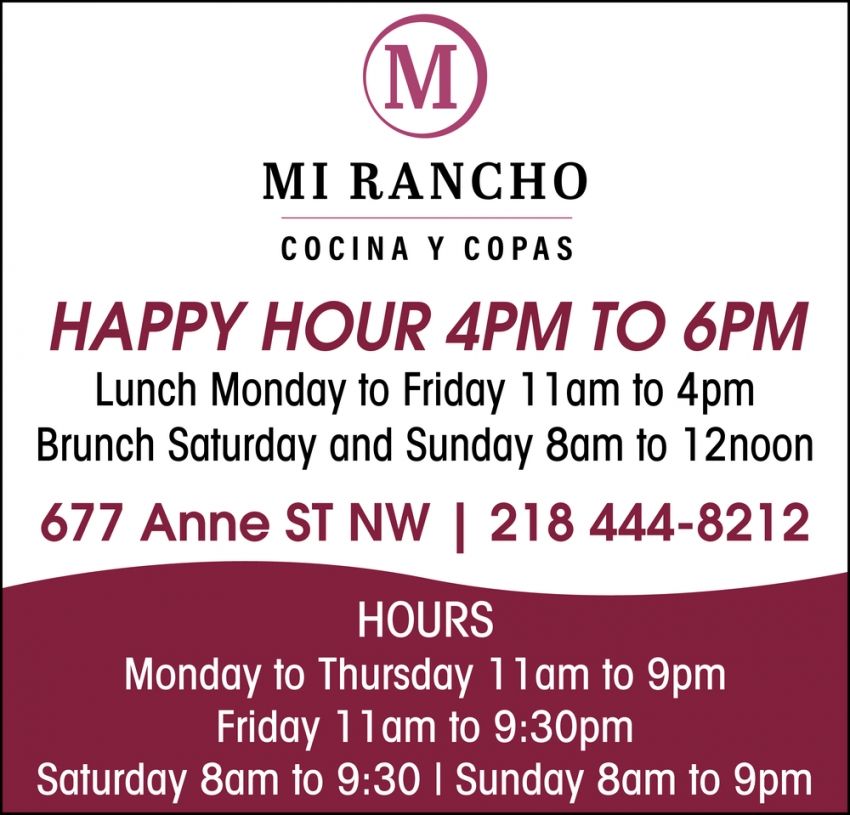 Happy Hour 4PM To 6PM Mi Rancho Cocina Y Copas