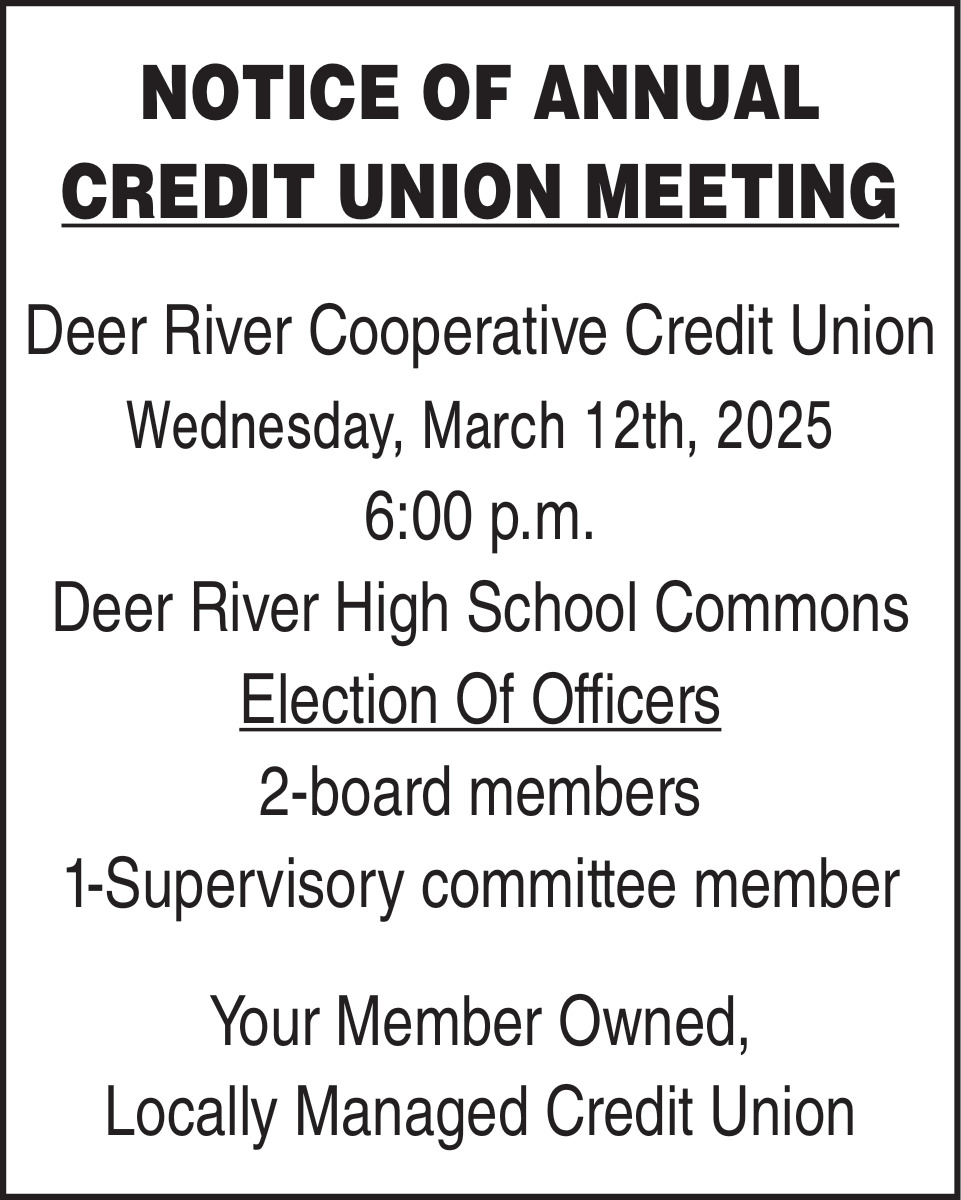 Notice Of Annual Credit Union Meeting, Deer River Cooperative Credit Union, Deer River, MN