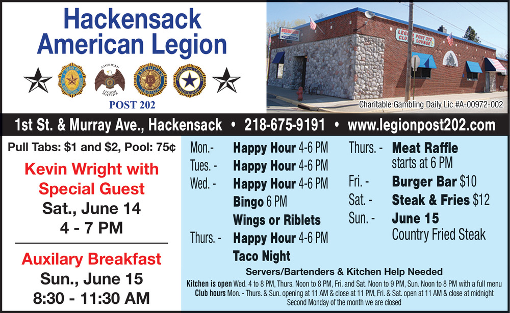 Auxiliary Breakfast Sun. June 15, The Hackensack American Legion, Hackensack, MN