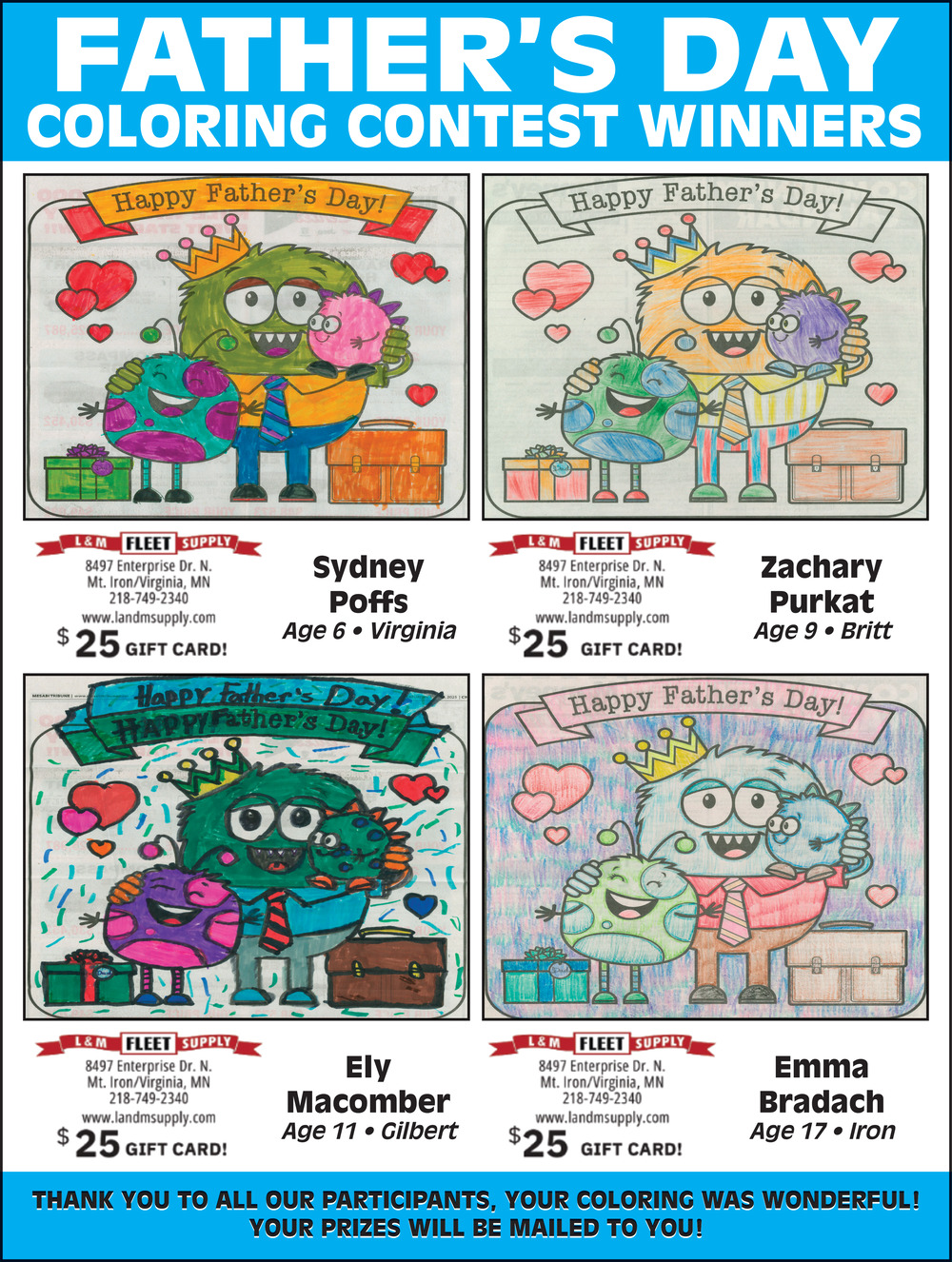 Father's Day Coloring Contest Winners, L&M Fleet Supply, Virginia, MN