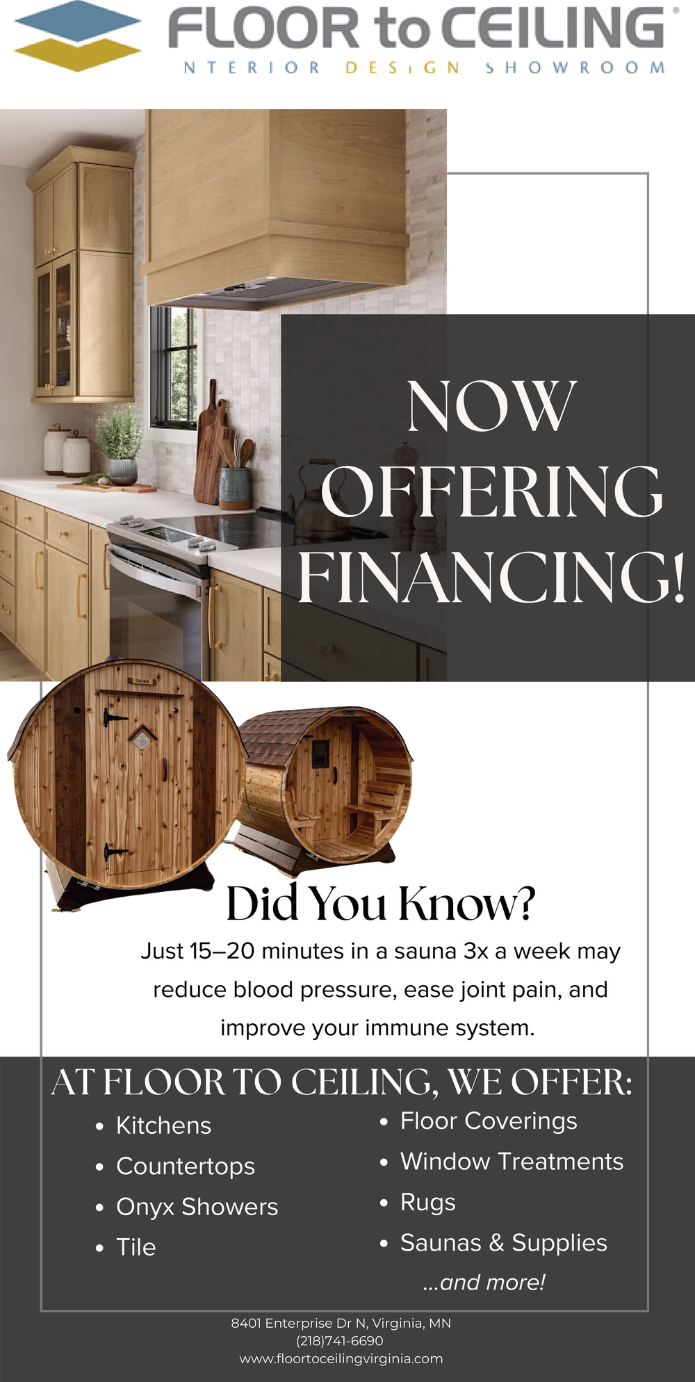 Now Offering Financing, Floor to Ceiling - Virginia, Virginia, MN