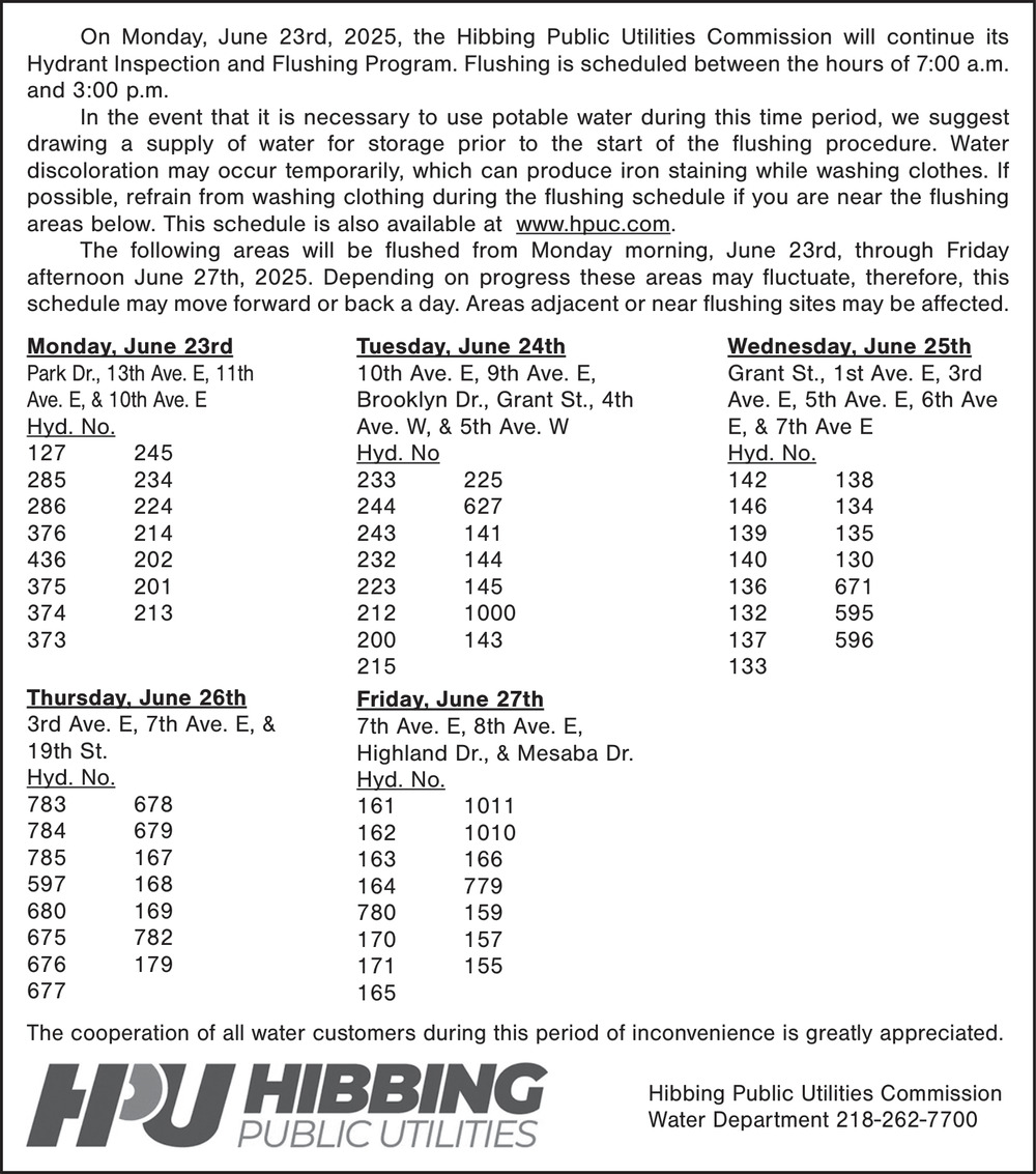 Public Notice, Hibbing Public Utilities , Hibbing, MN