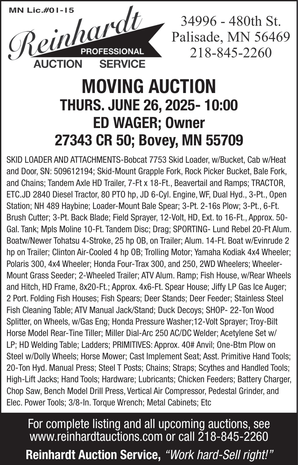 Moving Auction, Reinhardt Auctions, Palisade, MN