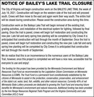 Notice Of Bailey's Lake Trail Closure