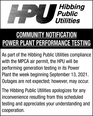 Community Notification Power Plant Performance Testing