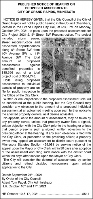 Published Notice Of Hearing On Proposed Assessments City Of Grand Rapids, Minnesota