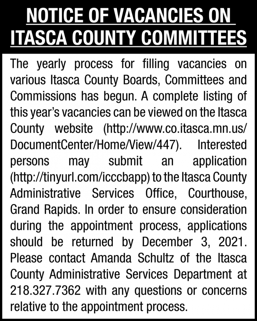 Notice Of Vacancies On Itasca County Committees