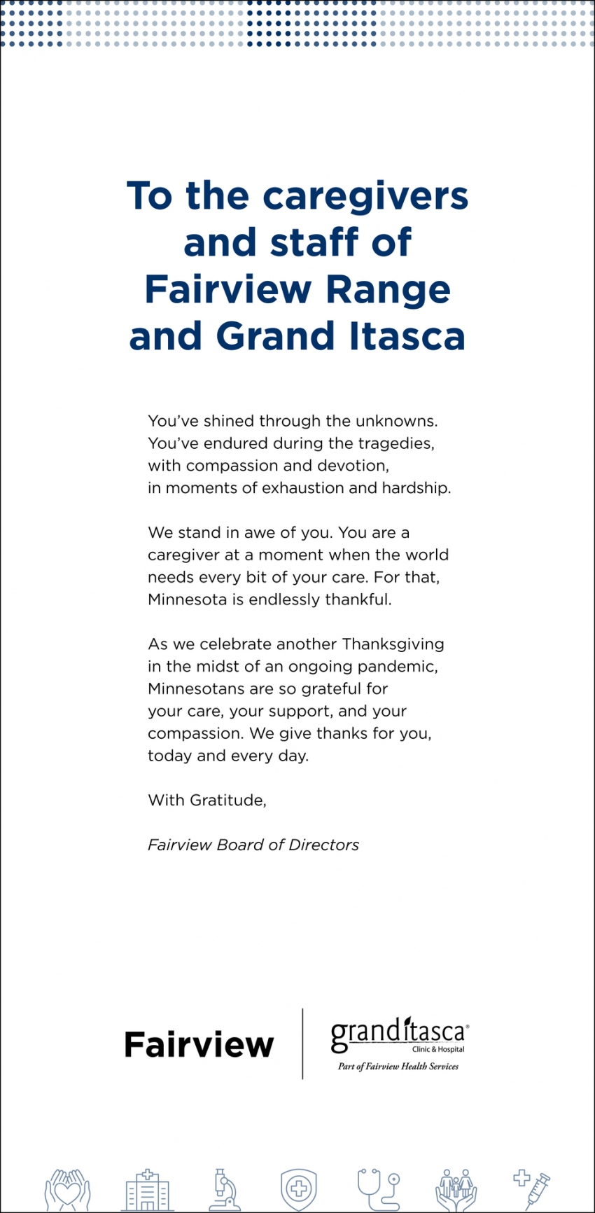 To The Caregivers And Staff Of Fairview Range And Grand Itasca