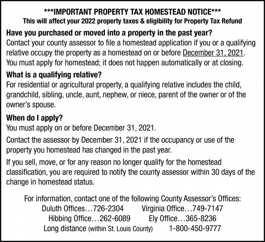Important Property Tax Homestead Notice