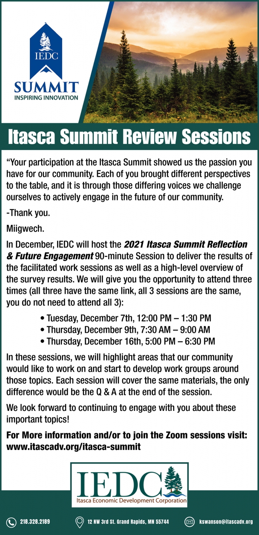 Itasca Summit Review Sessions