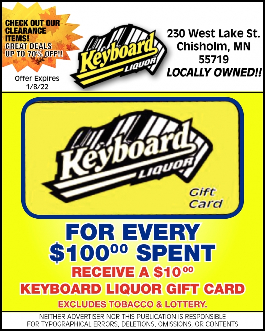 Receive A $10.00 Keyboard Liquor Gift Card
