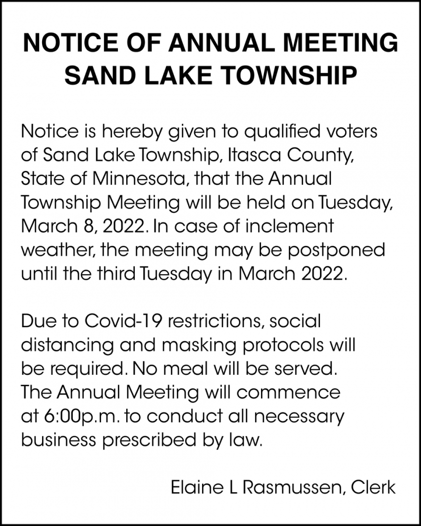 Notice Of Annual Meeting Sand Lake Township