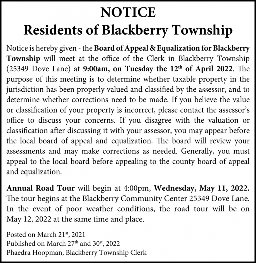 Notice Residents Of Blackberry Township