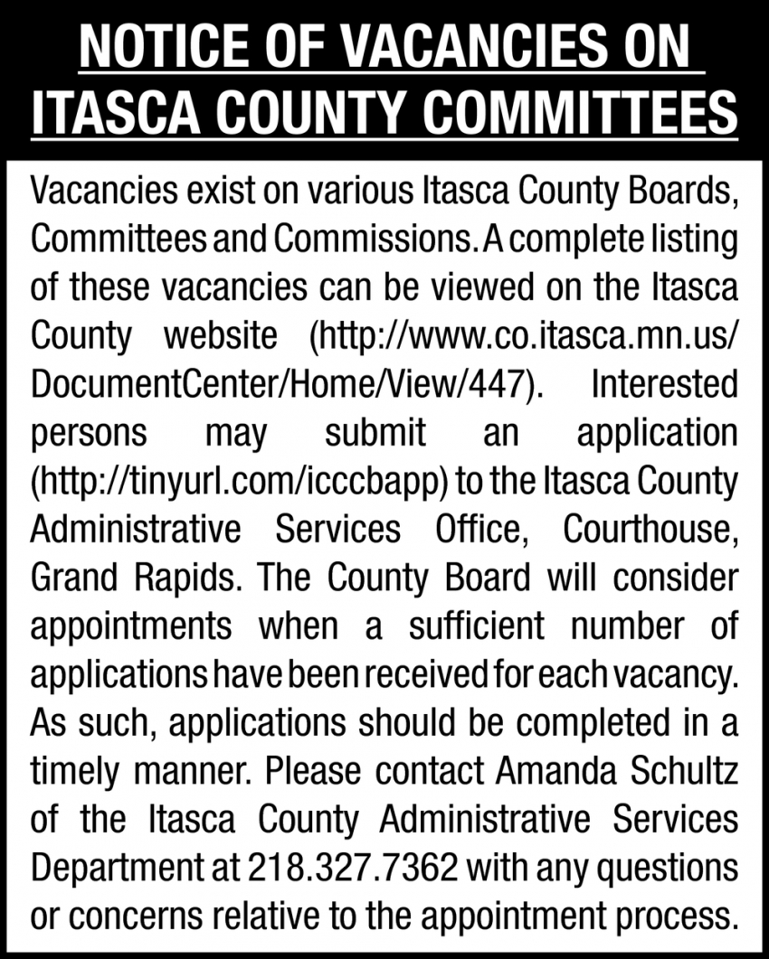 Notice Of Vacancies On Itasca County Committees