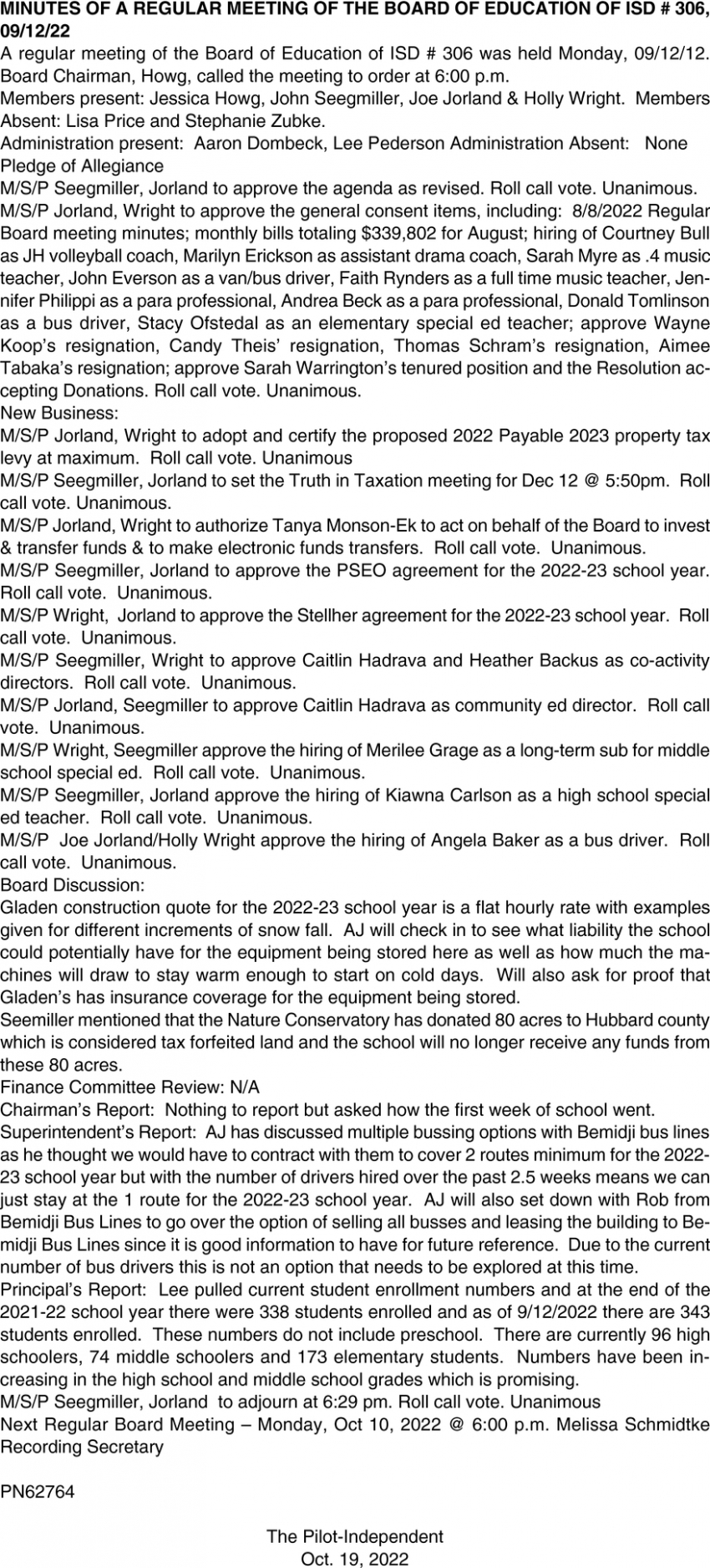 Minutes Of A Regular Meeting Of The Board Of Education Of ISD # 306