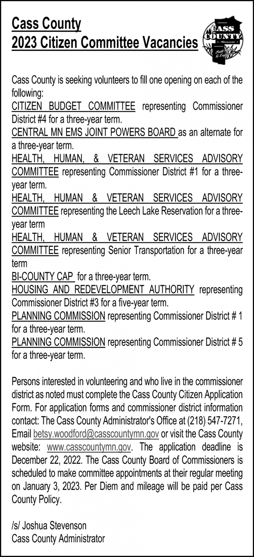 2023 Citizen Committee Vacancies