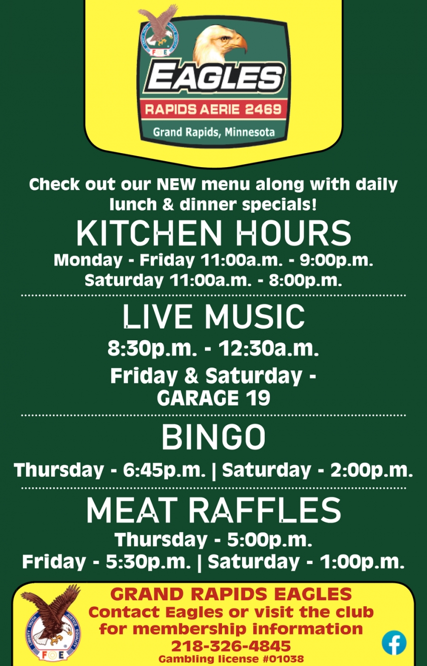 Kitchen Hours - Live Music - Bingo - Meat Raffles