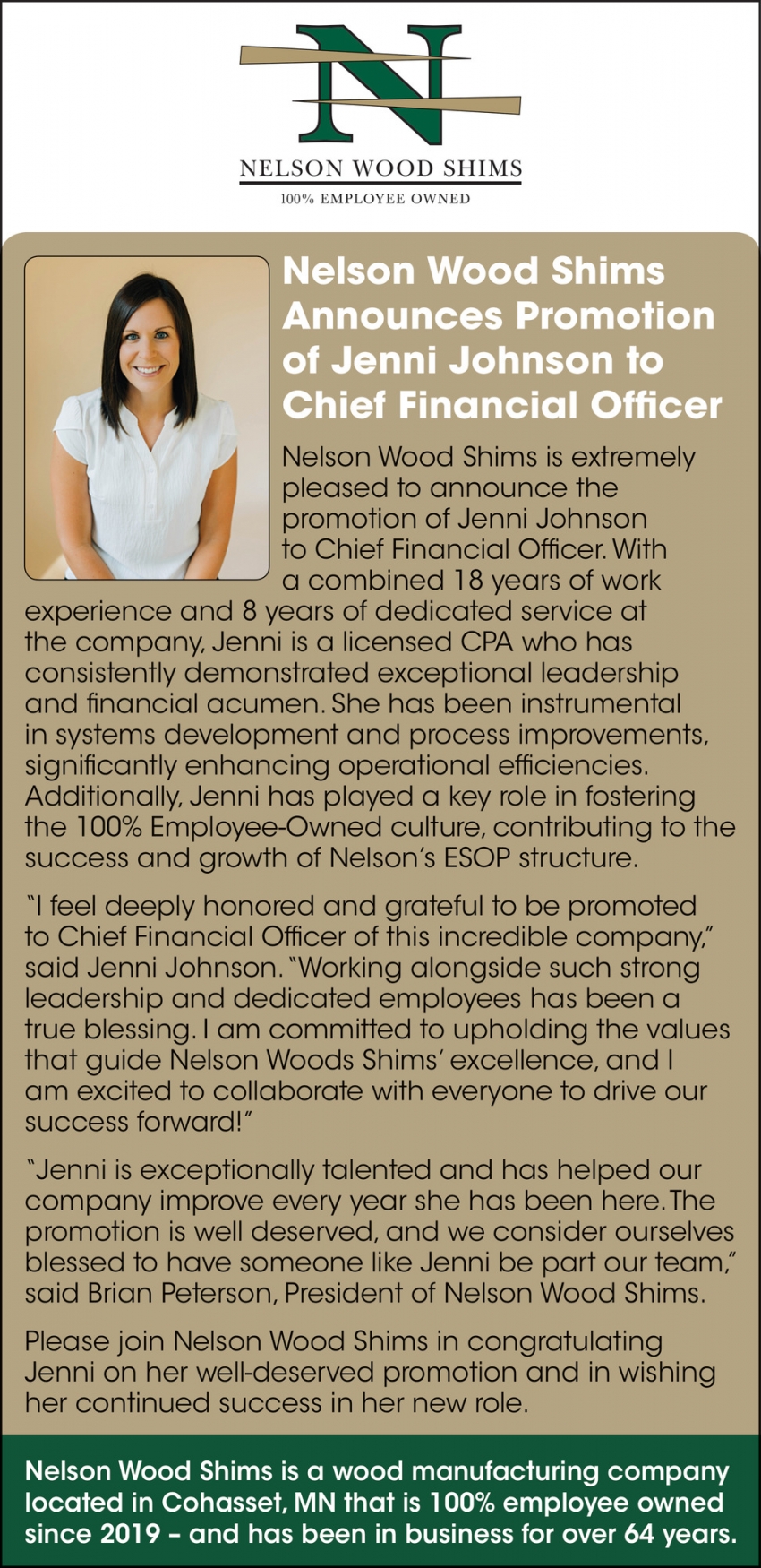 Jenni Johnson to Chief Financial Officer
