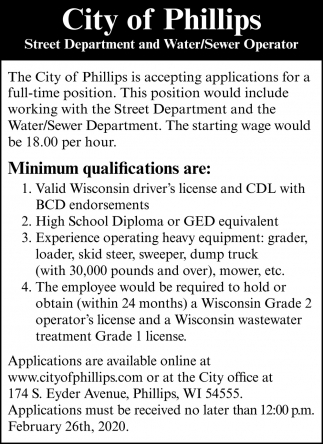 Street Department and Water/Sewer Operator