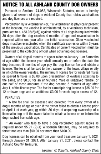 Notice to All Ashland County Dog Owners