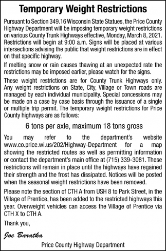 Temporary Weight Restrictions