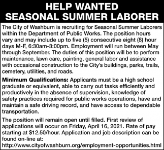 Help Wanted Seasonal Summer Laborer
