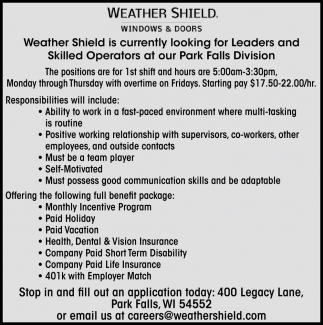 Leaders and Skilled Operators Wanted