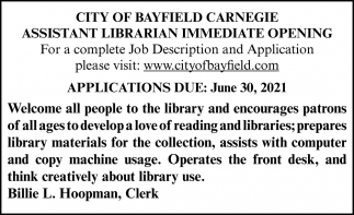 Assistant  Librarian Immediate Opening
