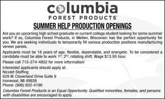 Summer Help Production Openings