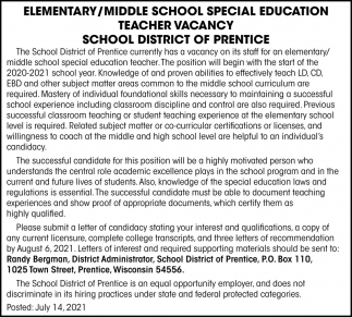 Elementary/Middle School Special Education Teacher Vacancy
