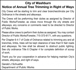 Notice Of Annual Tree Trimming In Right Of Ways