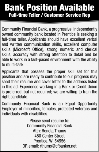 Bank Position Available