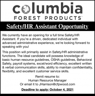 Safety/HR Assistant Opportunity
