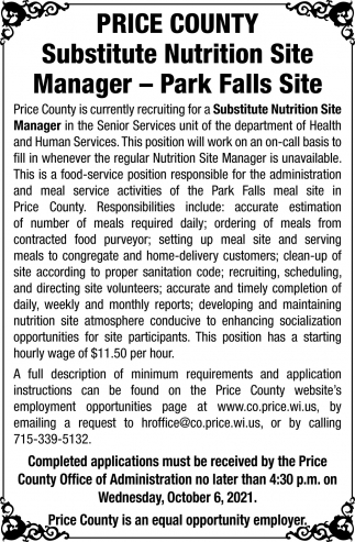 Substitute Nutrition Site Manager