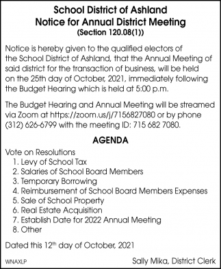 Notice For Annual District Meeting