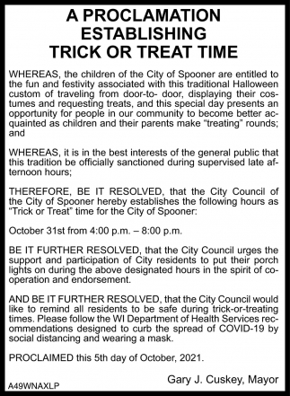 A Proclamation Establishing Trick or Treat Time