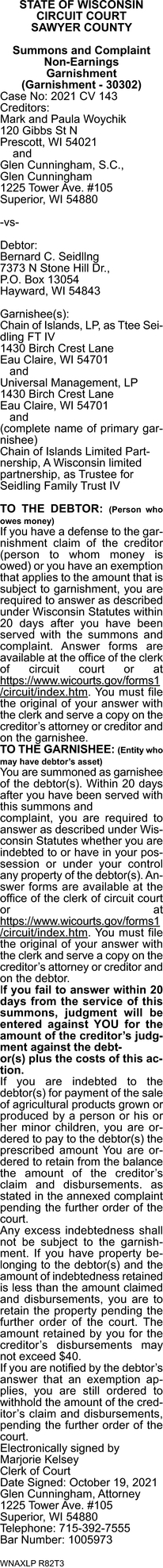 Summons And Complaint Non-Earning Garnishment