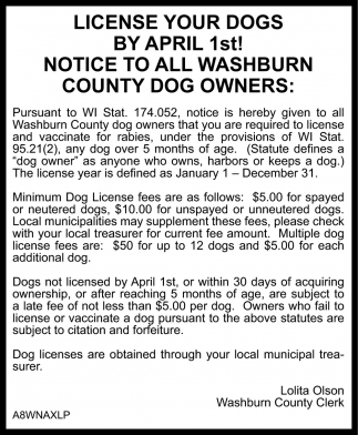 Notice to All Washburn County Dog Owners