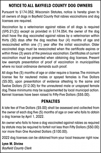 Notice to All Bayfield County Dog Owners