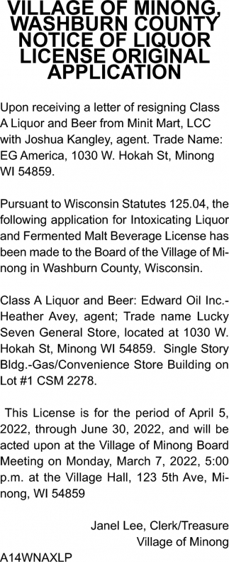 Notice of Liquor License