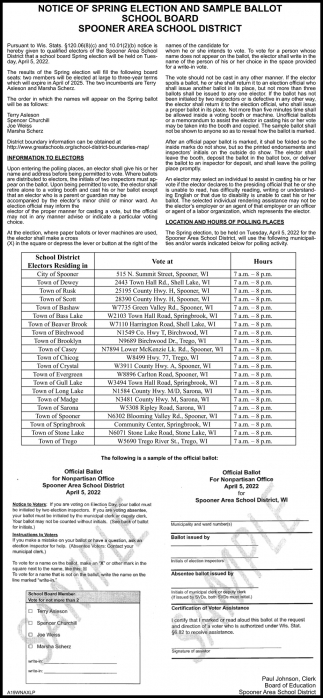 Notice Of Spring Election And Sample Ballot