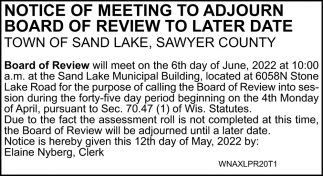 Notice of Meeting to Adjourn Board of Review to Later Date