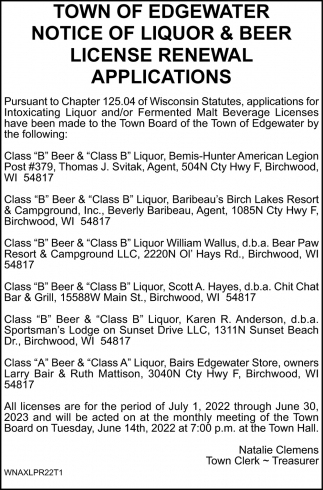 Notice of Liquor & Beer License Renewal