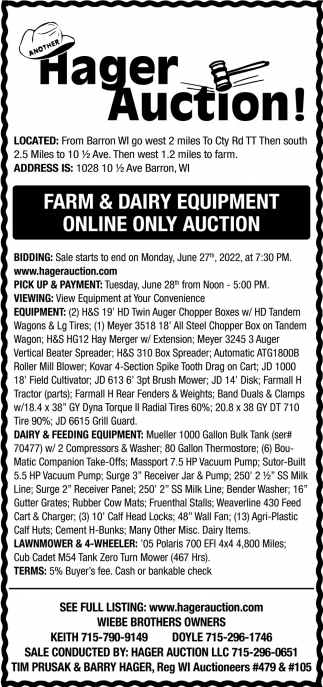 Farm & Dairy Equipment Online Only Auction